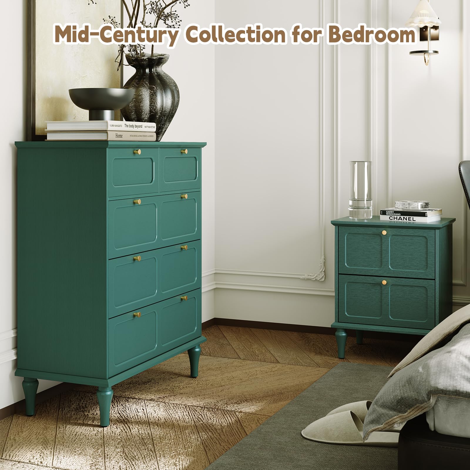 ARTPOWER 5 Drawer Dresser for Bedroom, Tall Dressers & Chests of Drawers with Solid Wood Legs and Brass Handles, Vertical Storage Organizer for Living Rooms, Hallway, Entryways, Offices, Green