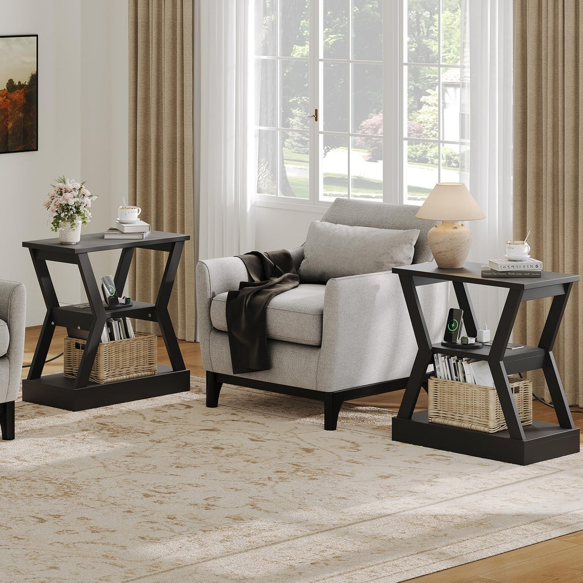 23.6" End Table with Charging Station Set of 2, 3-Tier Nightstand with USB Ports and AC Outlets, Small Space Side Tables for Living Room, Bedroom, or Couch, 3 Tier End Tables with Storage Shelf, Black