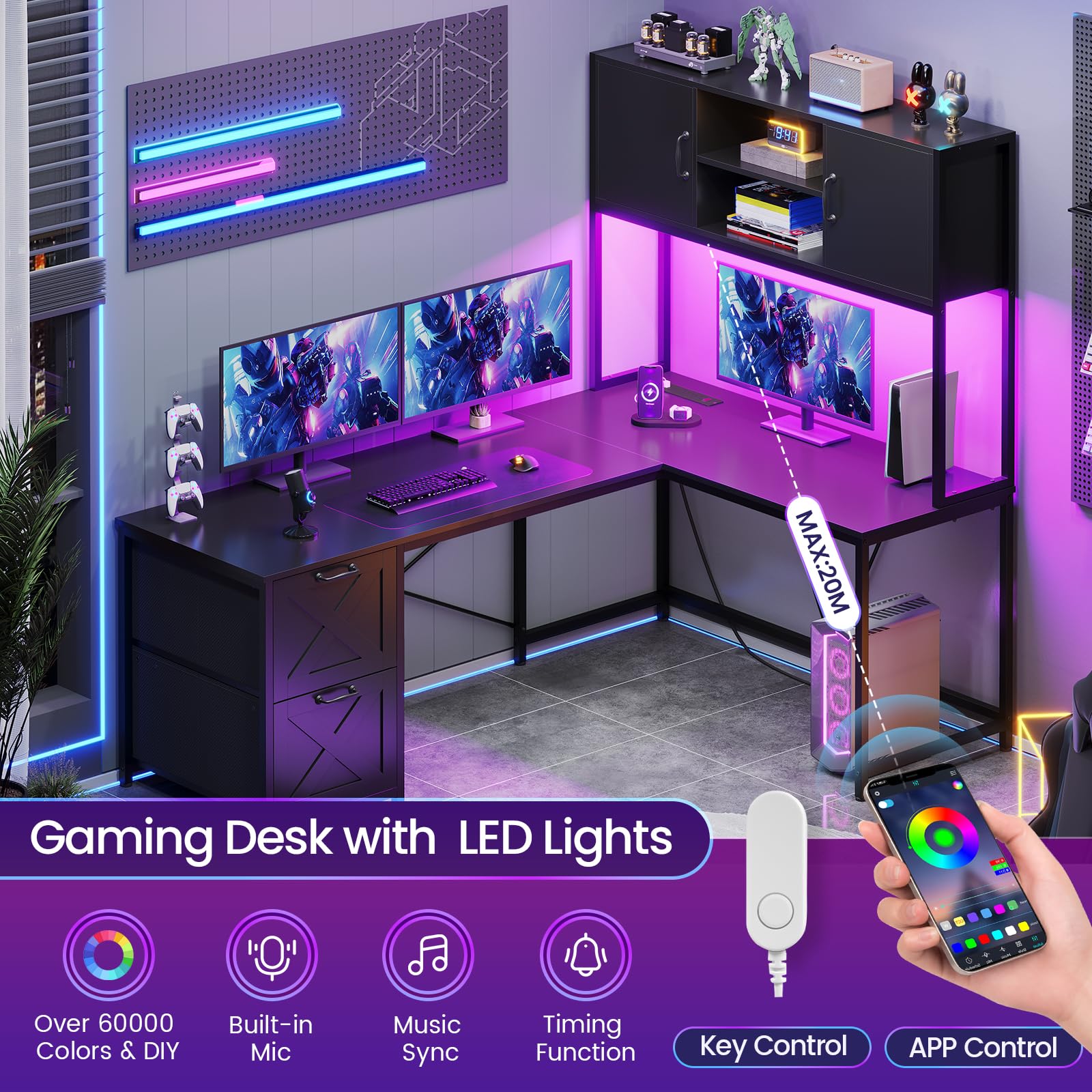 L-Shaped Corner Desk with Drawers, LED Lights & Power Outlet