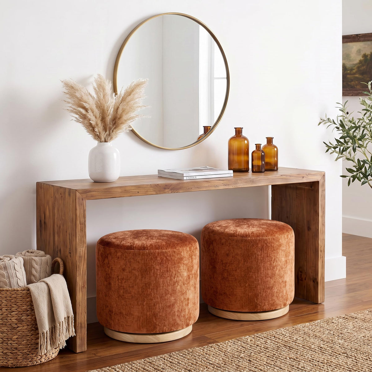 Zibeths Swivel Round Ottoman Set of 2, Burnt Orange Chenille Footstool