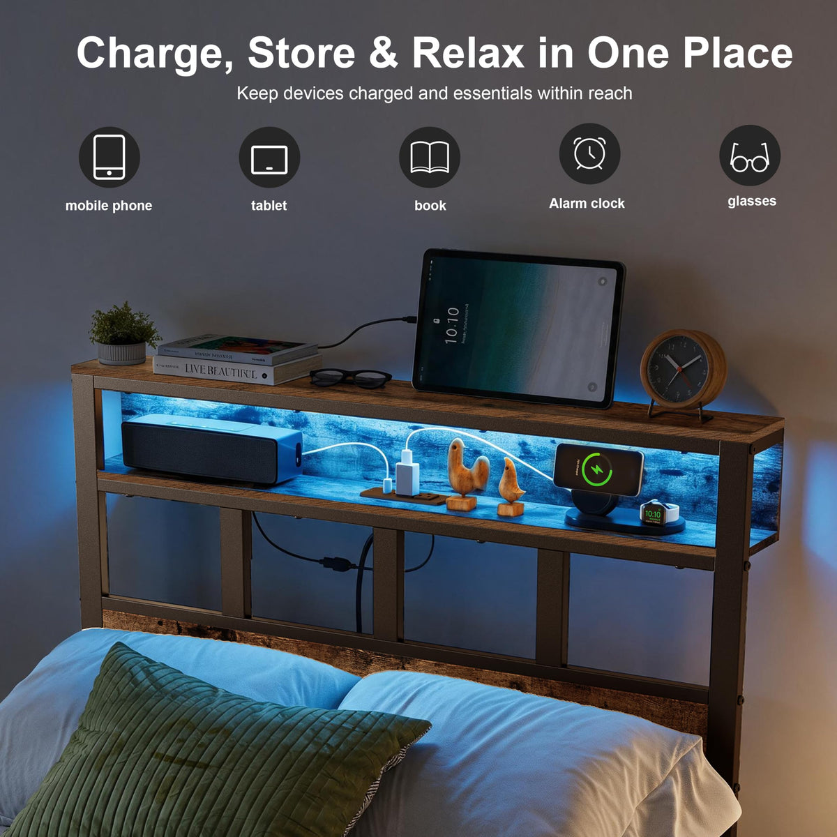 YOSEZON Twin Bed Frame with Headboard and Storage Shelf, Metal Platform Bed Frame with Charging Station, LED Lights, Noise-Reducing, No Box Spring Needed, Rustic Brown