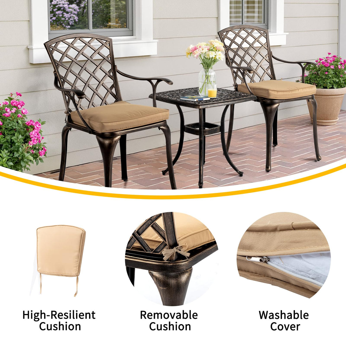 VINGLI 3-Piece Outdoor Bistro Set, All-Weather Cast Aluminum Patio Table & 2 Chairs Rustproof Small Outside Chairs for Lawn Garden Deck Pool (with Cushion)