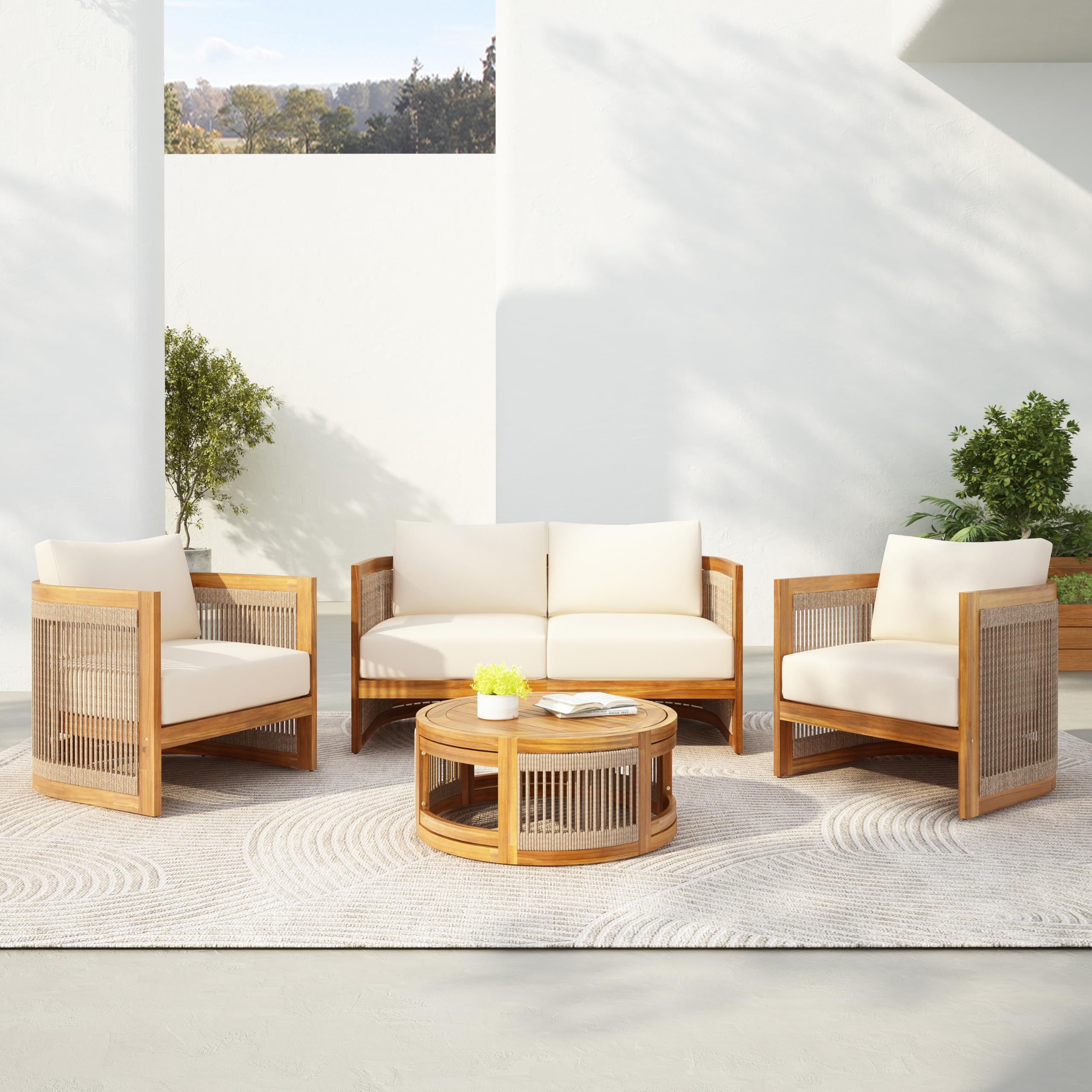 4-Piece Outdoor Conversation Set – Acacia Wood & Woven Rope
