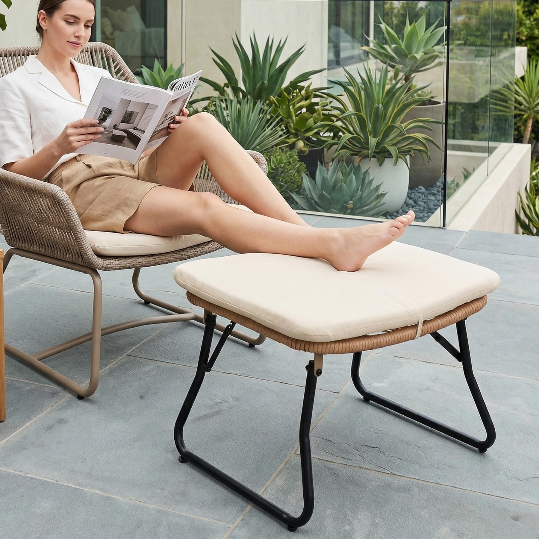 Outdoor Folding Wicker Ottomans with Cushion (Set of 2)