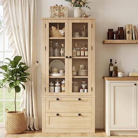 Tall Kitchen Pantry Cabinet with Glass Doors & Drawers