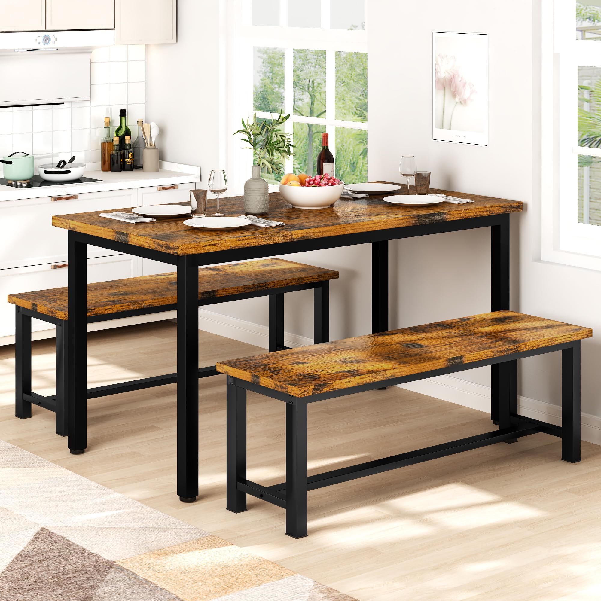 Industrial Wood Dining Bench Set of 2