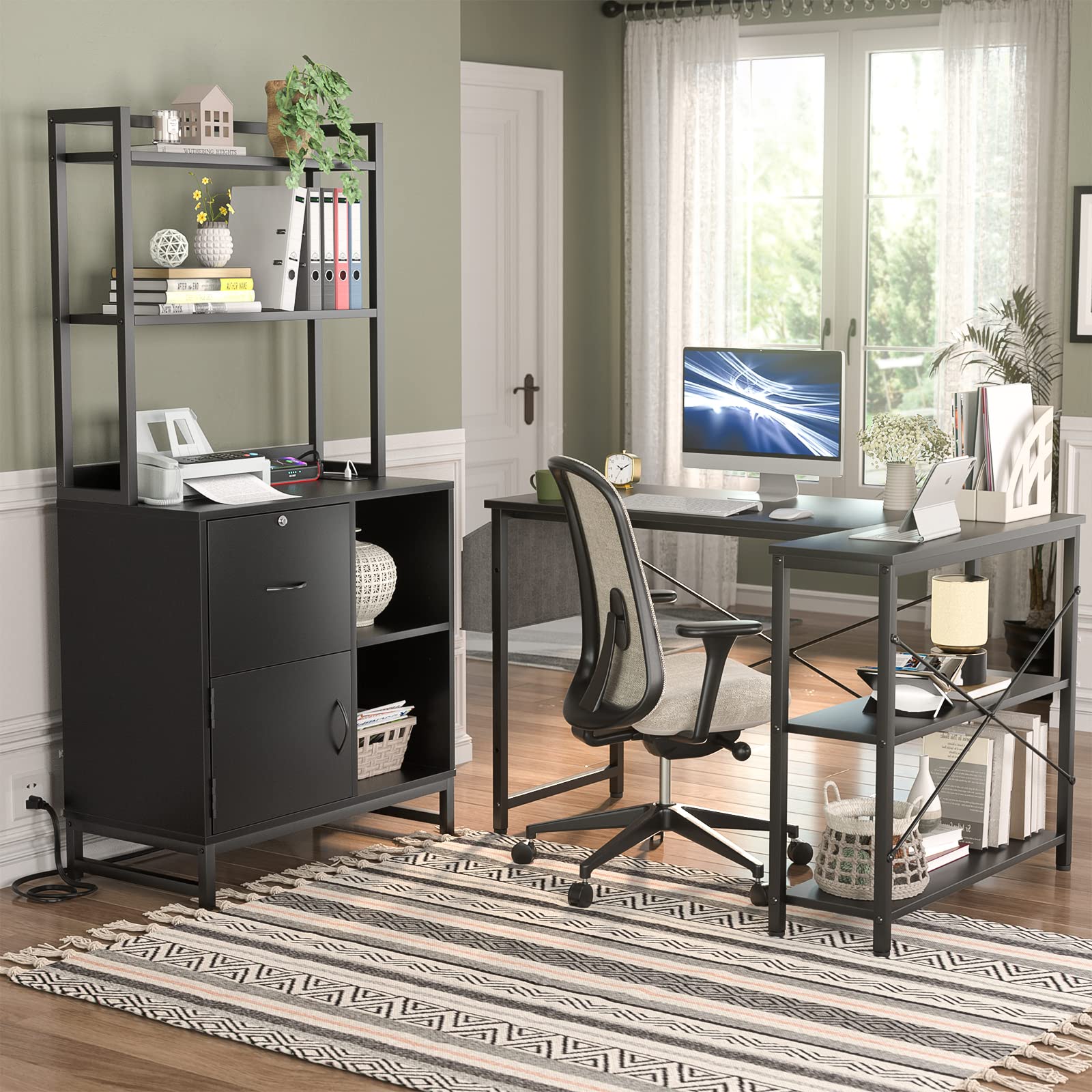 Homieasy Vertical Filing Cabinet with Bookshelf for Home Office, File Cabinet with Shelves, Lock & Charging Station, Drawer Office File Cabinets with Printer Stand, fits Letter Size, Black