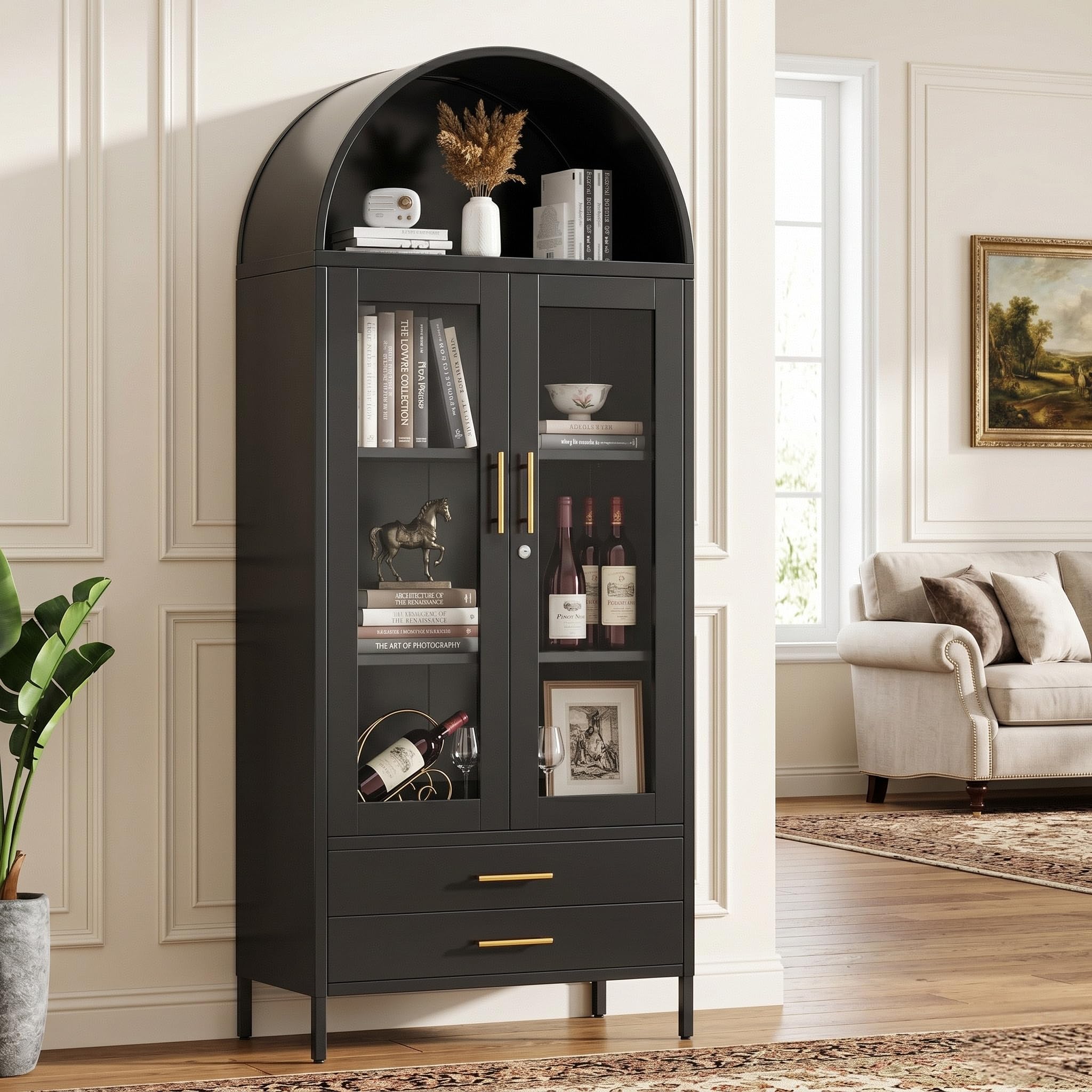 GangMei 73" Tall Display Cabinet with Glass Doors and 2 Drawers, Metal Arched Cabinet with 2 Adjustable Shelves & Lock, Freestanding Curio Storage Cabinet for Home, Assembly Required, Black