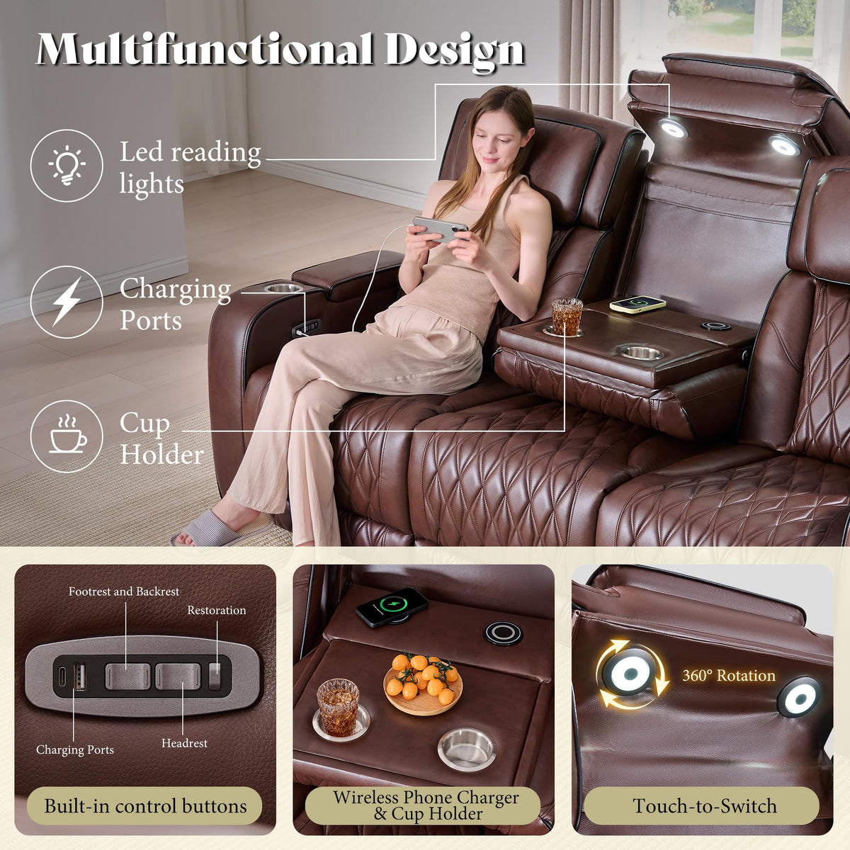 FORTEVA Recliner Sofa with Zero Gravity, Home Theater Seating, Dark Brown