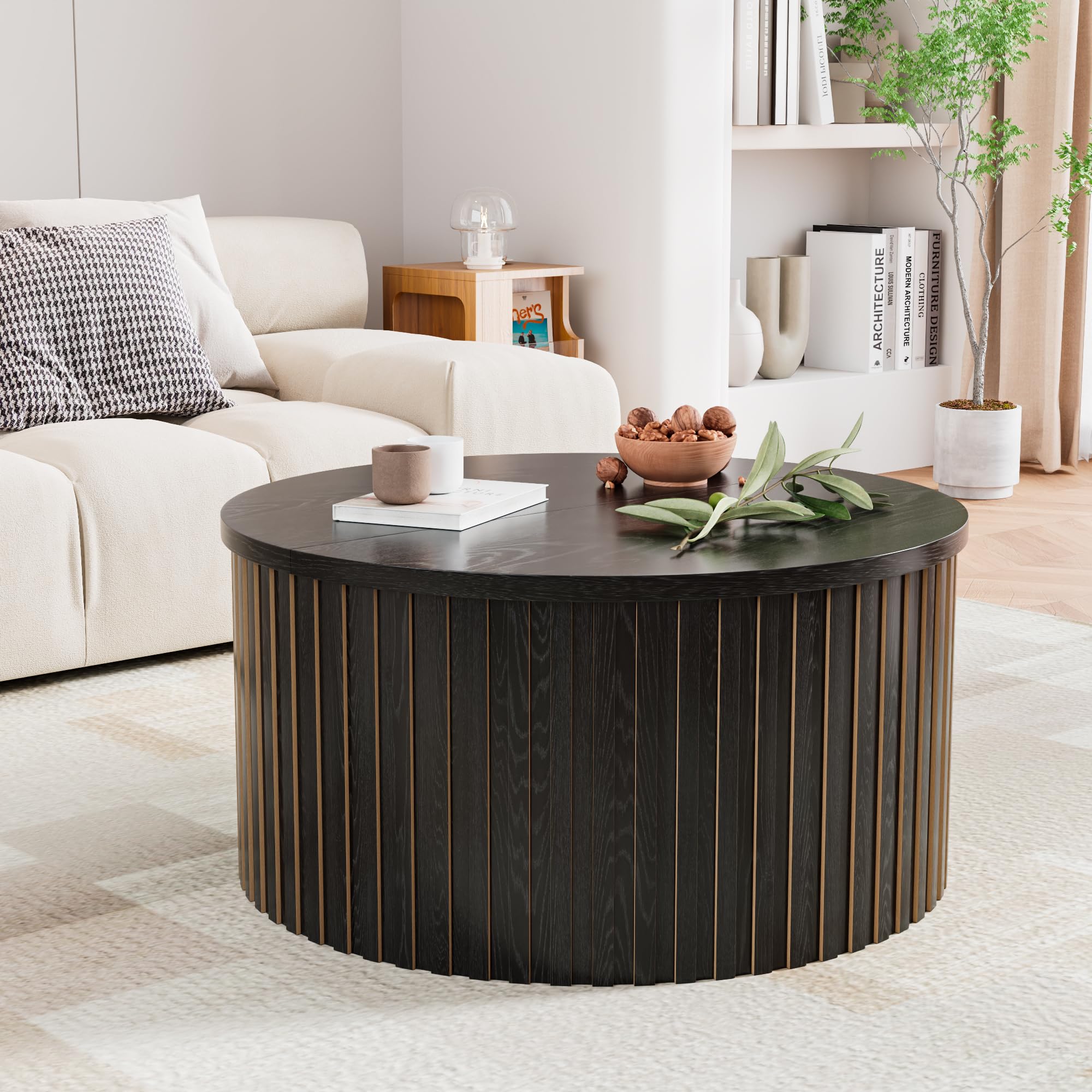 Limaoaio Fluted Lift Top Coffee Table with Storage, 31.5'' Farmhouse Round Coffee Tables for Living Room, Modern Wood Center Tables with Hidden Compartment for Home, Office (Black)