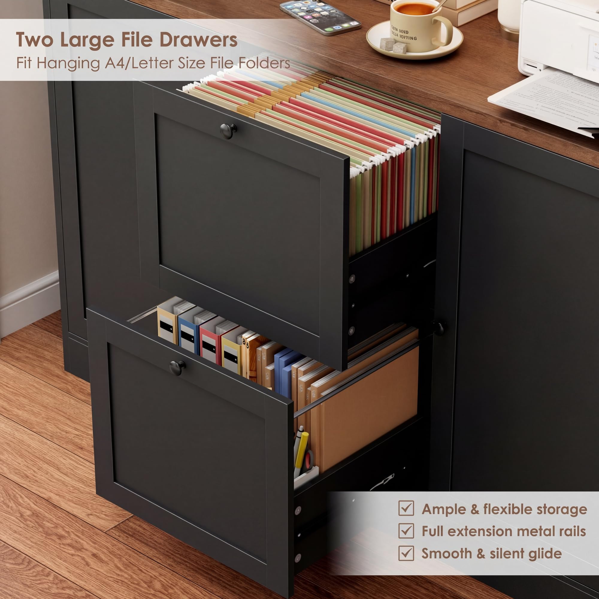 72" Tall Bookcase with Power Outlet & File Drawers
