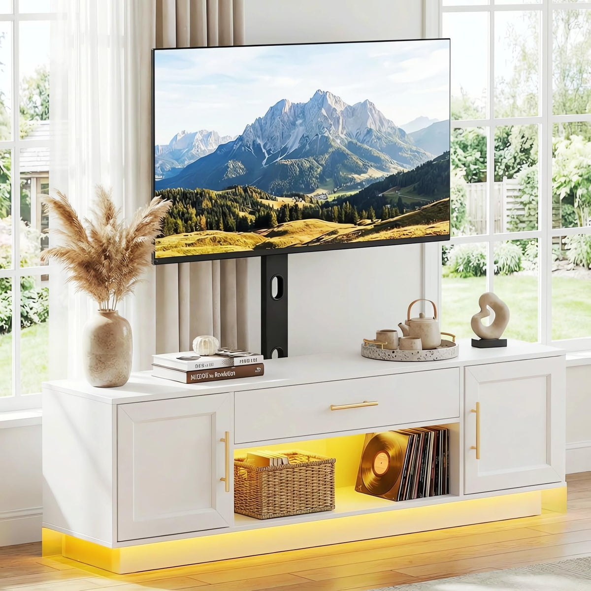 RALGEND 59" Modern TV Stand with Mount and Power Outlet, Swivel TV Stand for 32/55/65/75 inch TVs, Height Adjustable LED Entertainment Center, Media TV Console Table for Living Room, Bedroom, White