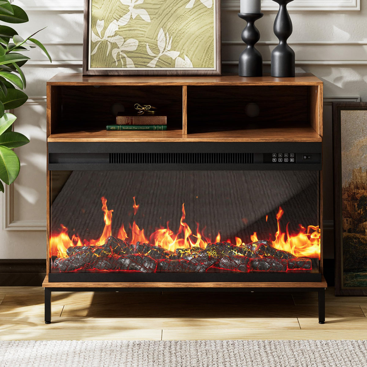 38" Electric Fireplace with Farmhouse Brown Mantel, 3-Sided Glass w/Remote