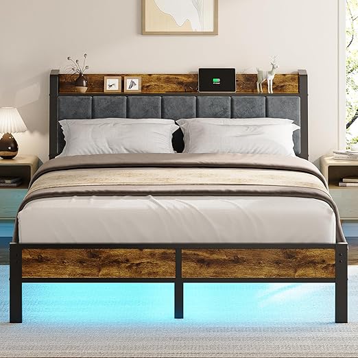 Platform Bed Frame with Charging Headboard, RGB LED Lights & Metal Slats