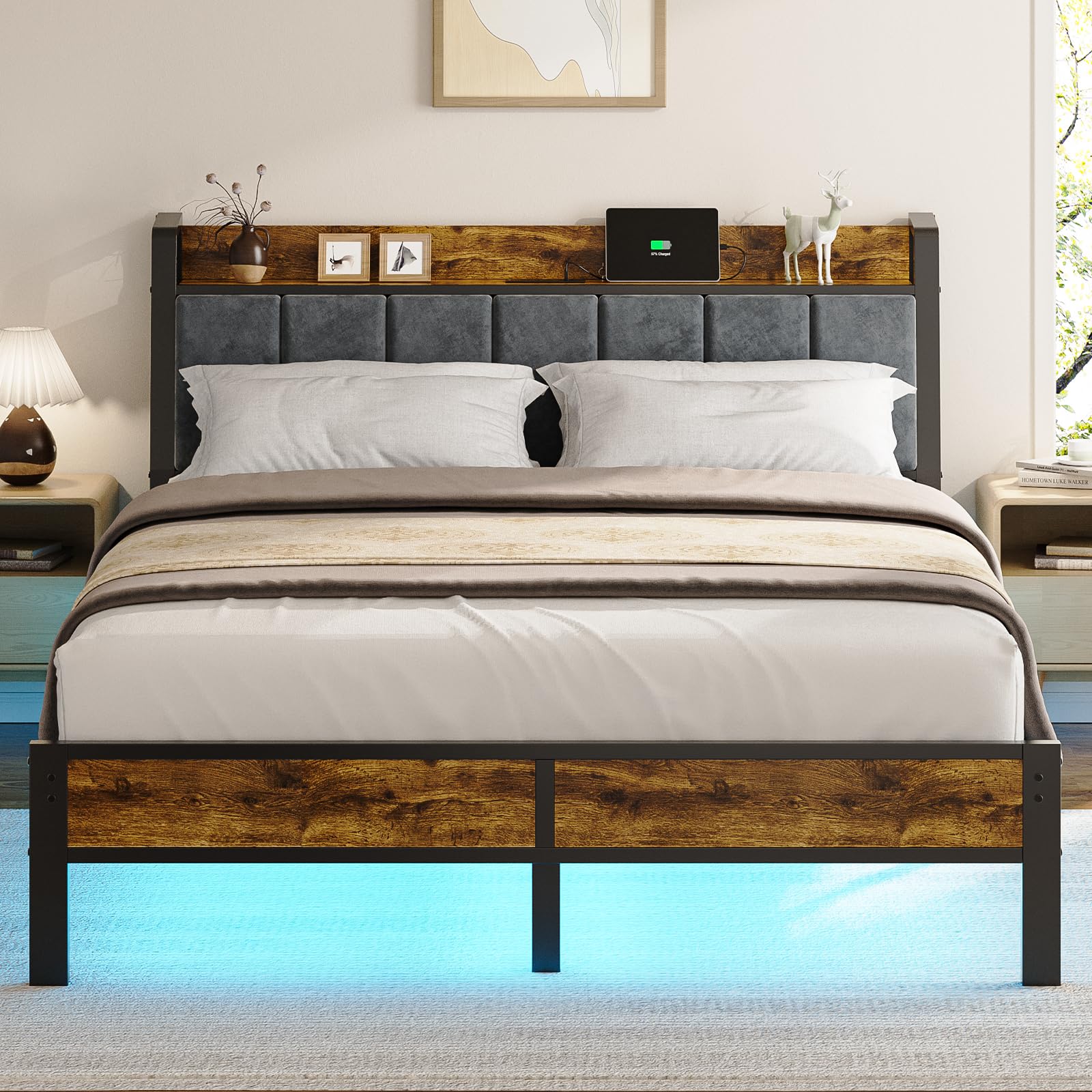 Metal Platform Bed Frame with Upholstered Headboard, Charging Station & LED Lights