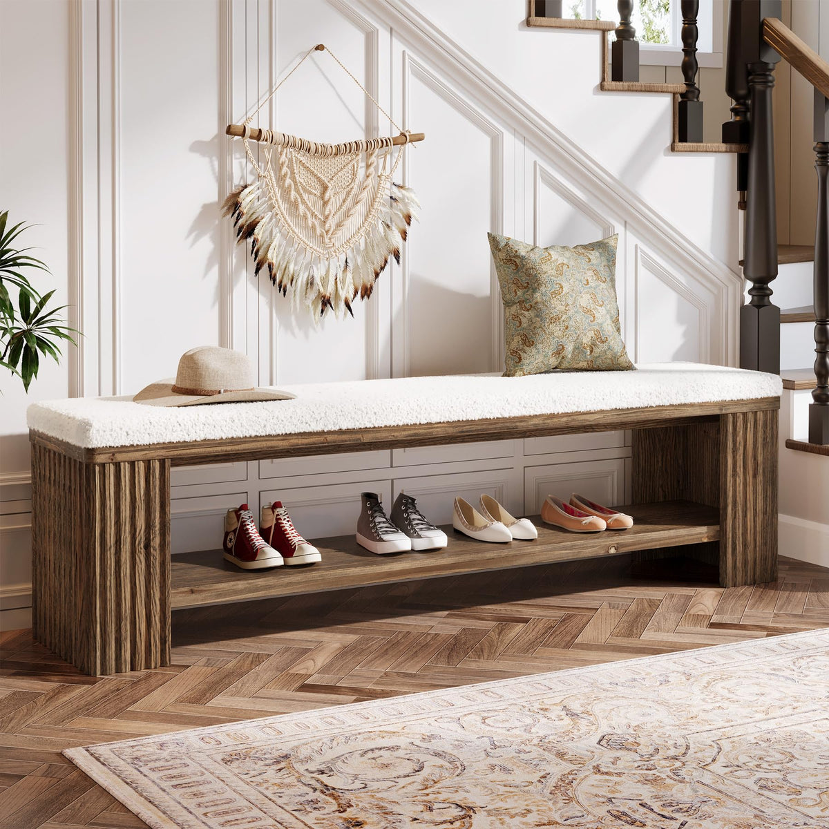 TRIBEWOOD 63" Solid Wood Entryway Bench, Farmhouse Upholstered End of Bed Bench with Removable Faux Lambswool Cushion and Fluted Legs, Indoor Long Ottoman for Bedroom, Entryway, Dark Brown