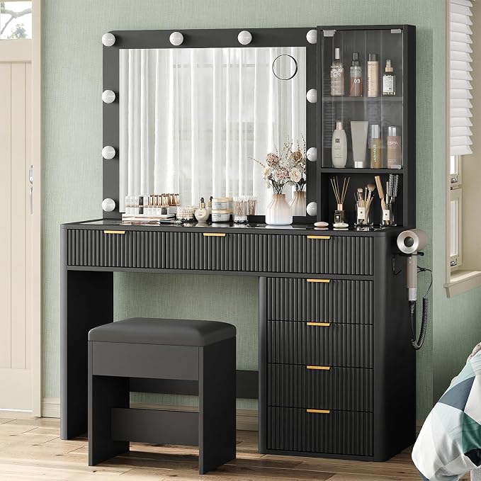 Fluted Makeup Vanity with LED Mirror