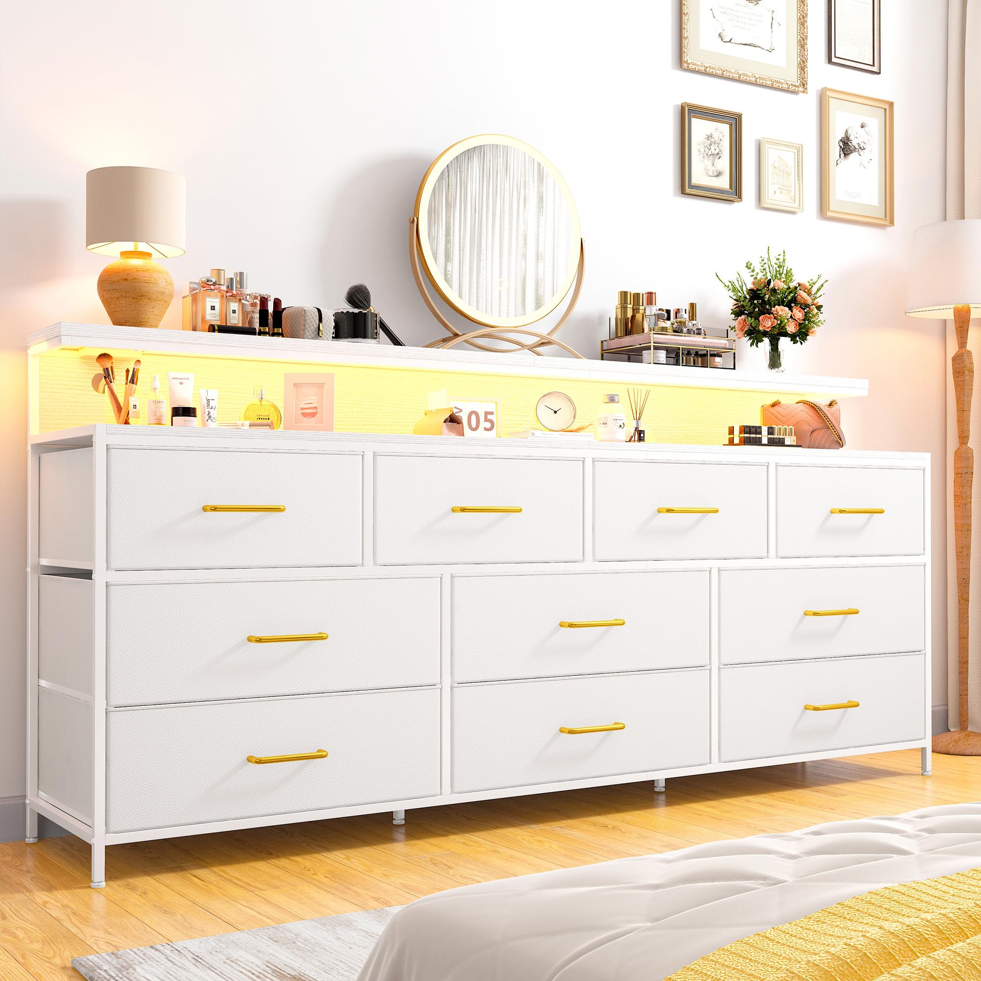 EnHomee 55" W White Dresser for Bedroom with 10 Fabric Drawers Long Dressers & Chests of Drawers with LED Lights & Power Outlets Large Dresser for Bedroom for Hallway, Metal Frame, White