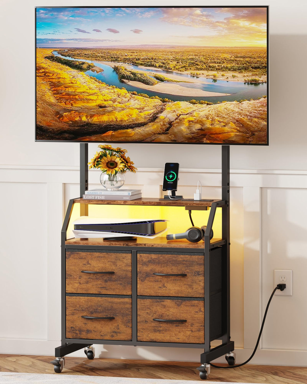 Rolling TV Stand with Mount & Drawers