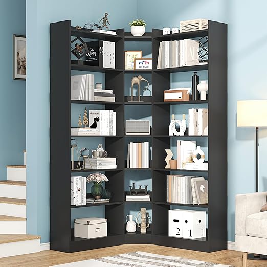 7-Tier L-Shaped Corner Bookshelf with Anti-Fall Baffles – 63.1" Tall