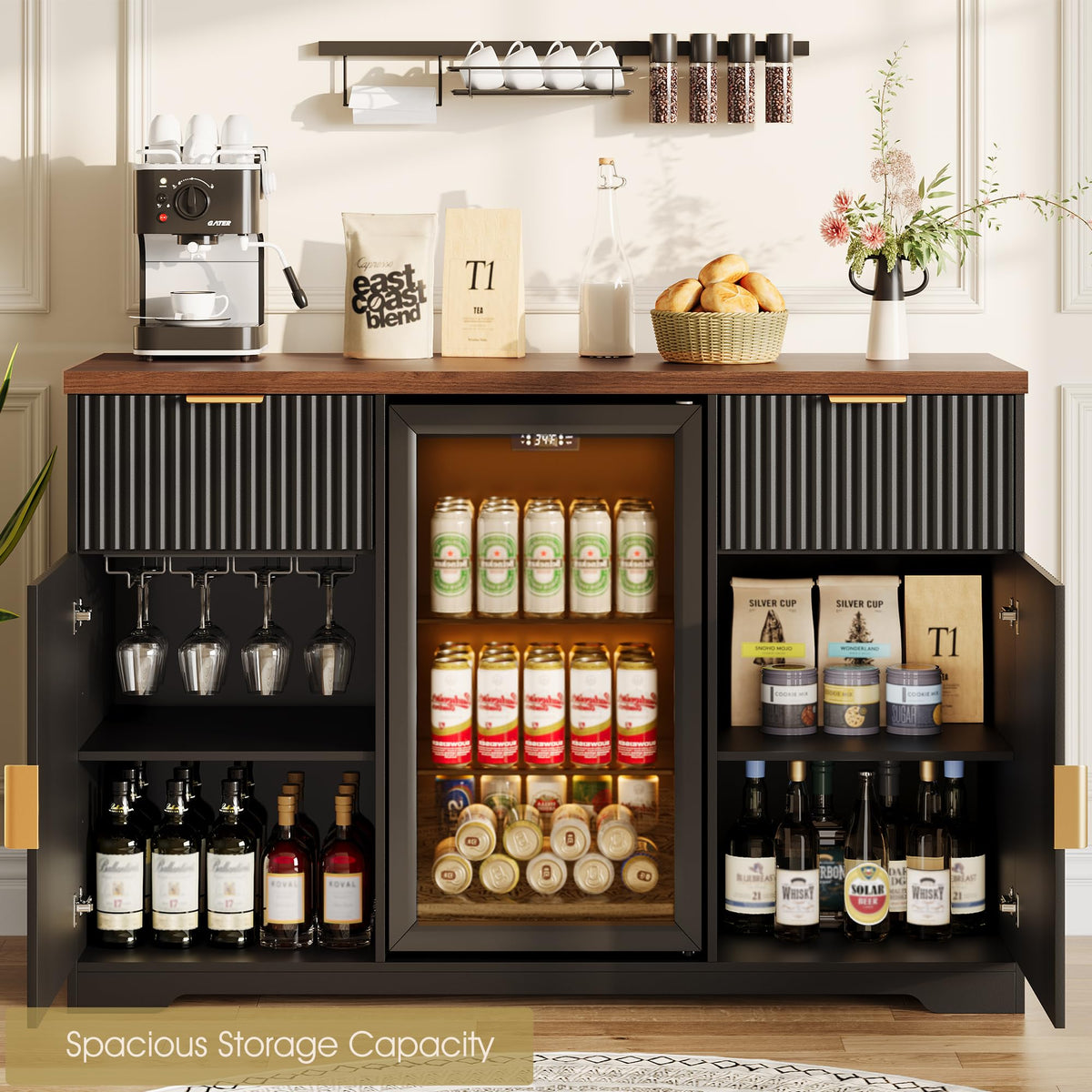 Alohappy 55" Coffee Bar Cabinet with Charging Station & Fridge Space