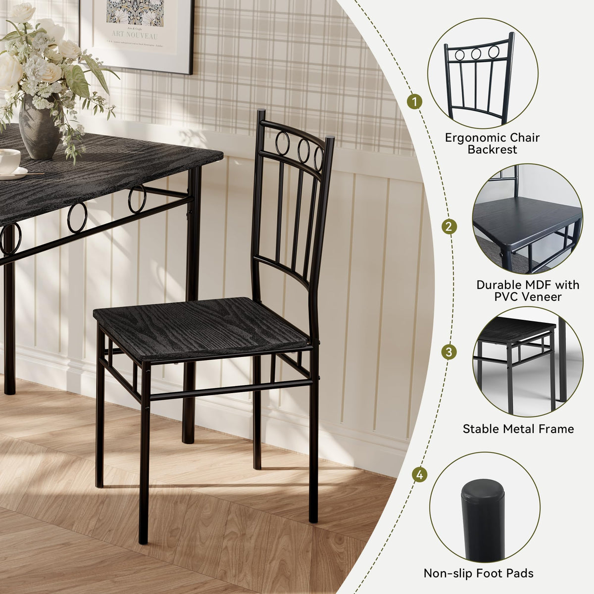 AMICLIBER 5 Piece Dining Table Set, Wood Kitchen Table and Chairs for Small Space,Breakfast Nook,Easy Assembly,Black