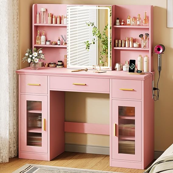 Vanity Desk with LED Mirror, Sliding Mirror & Storage Cabinets