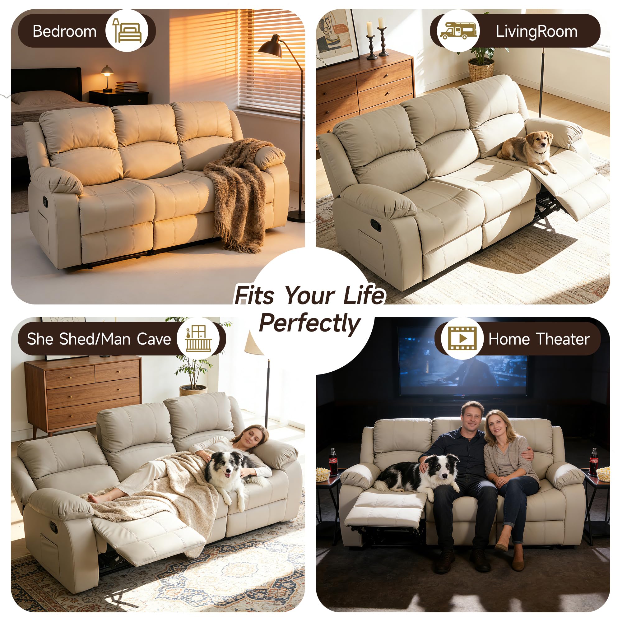 Reclining Loveseat Sofa Leather Recliner Sofa 3 Seater Couch for Living Room, Home Theater Seating(3 Seat,Beige)