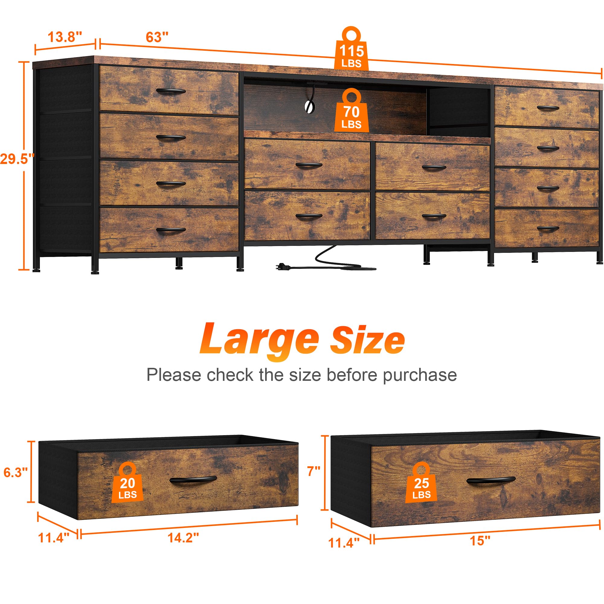 EnHomee 63" W TV Stand Fits 65/70 Inch TV, 12 Drawers Dresser with LED Lights & Power Outlets, Entertainment Center Long Fabric Dresser for Bedroom, Living Room, Hallway, Rustic Brown