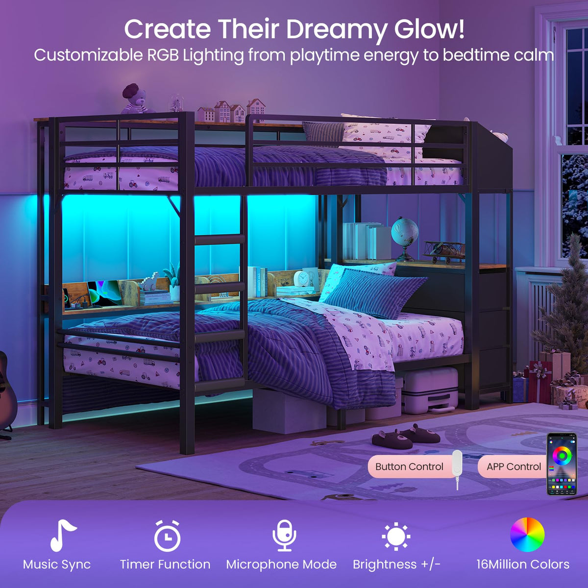 Twin Bunk Bed with Storage & LED Lights