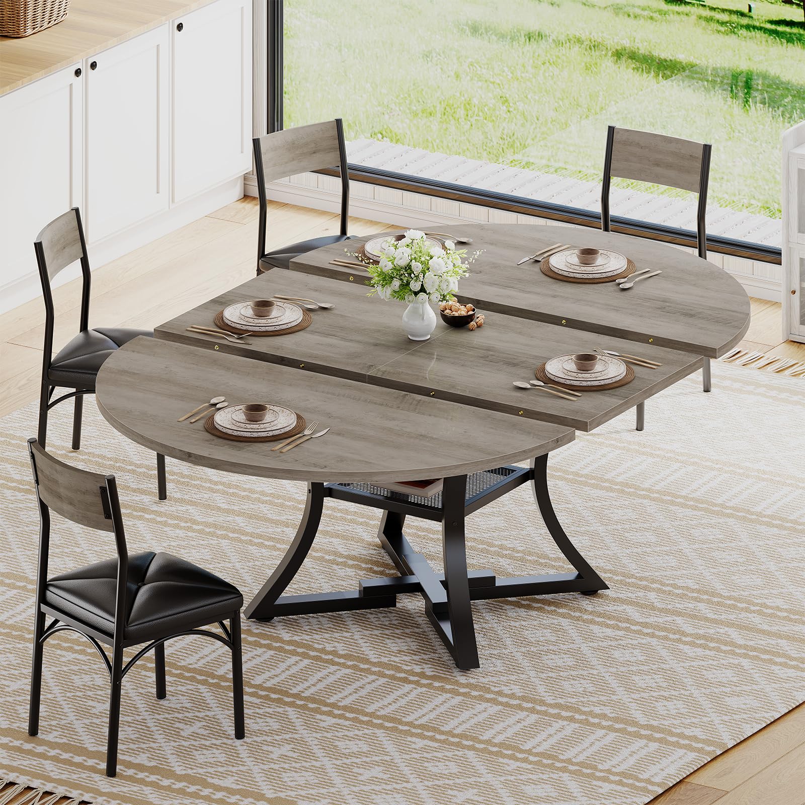 Expandable Round Dining Table Set with 4 Cushion Chairs