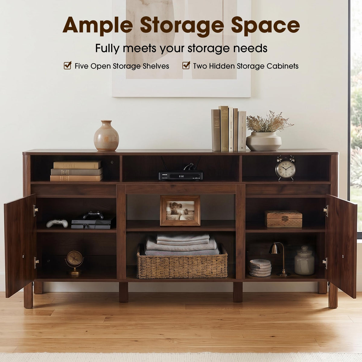68" Fluted TV Stand for TVs Up to 75", Mid Century Modern TV Stand, Walnut