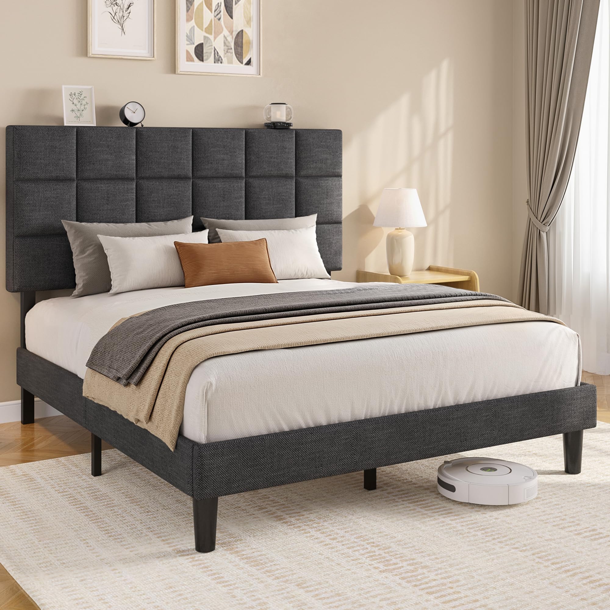 Upholstered Platform Bed Frame with Adjustable Headboard