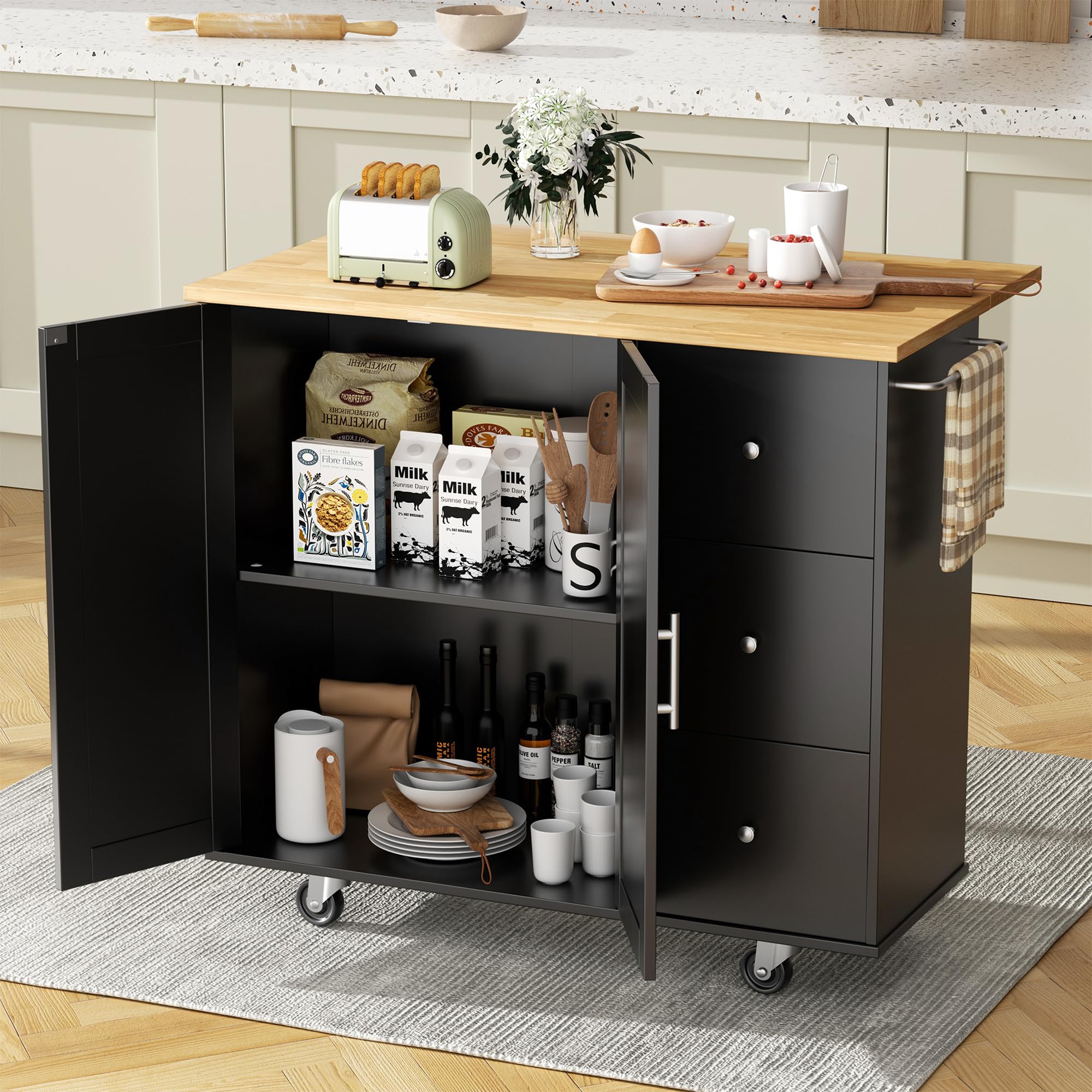 JY QAQA 40" Kitchen Island Cart Furniture cart on Wheels Rolling Portable Dining Room Serving Utility Carts Mobile Movable with Drawers Cabinet,Black