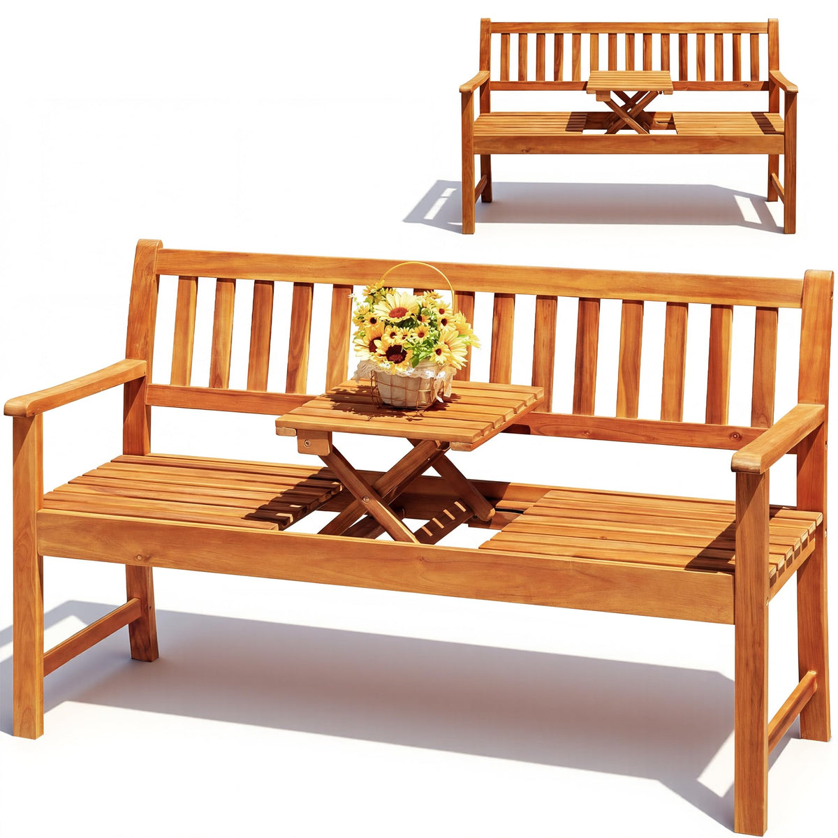 Acacia Outdoor Bench with Pull-Up Table