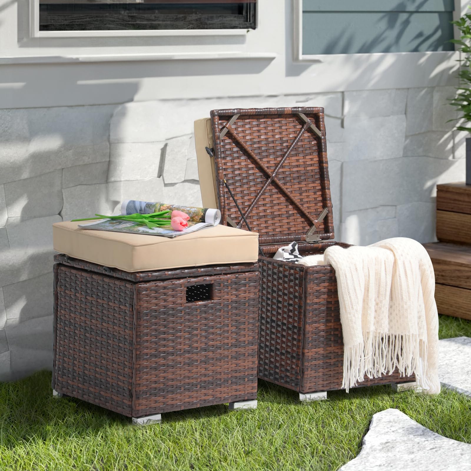 Outdoor Rattan Storage Ottoman Set of 2