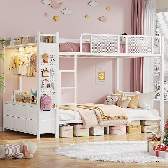 Metal Bunk Bed with Storage Drawers, LED Lights & Hall Tree