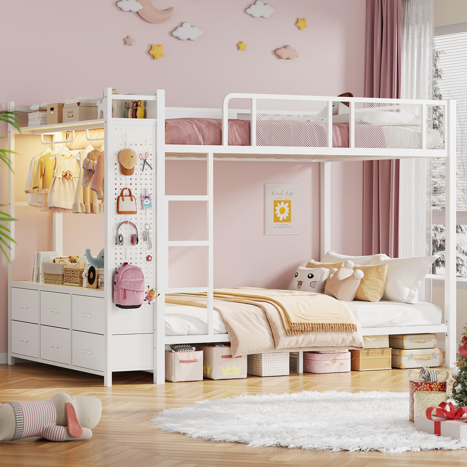 Itaar Metal Bunk Bed Full Over Full with Hall Tree, Power Outlet, LED Bunk Bed with 6 Storage Drawers, Bed with 13‘’ Safety Guardrail & Ladders for Kids and Teen, 400lb Weight Capacity, White