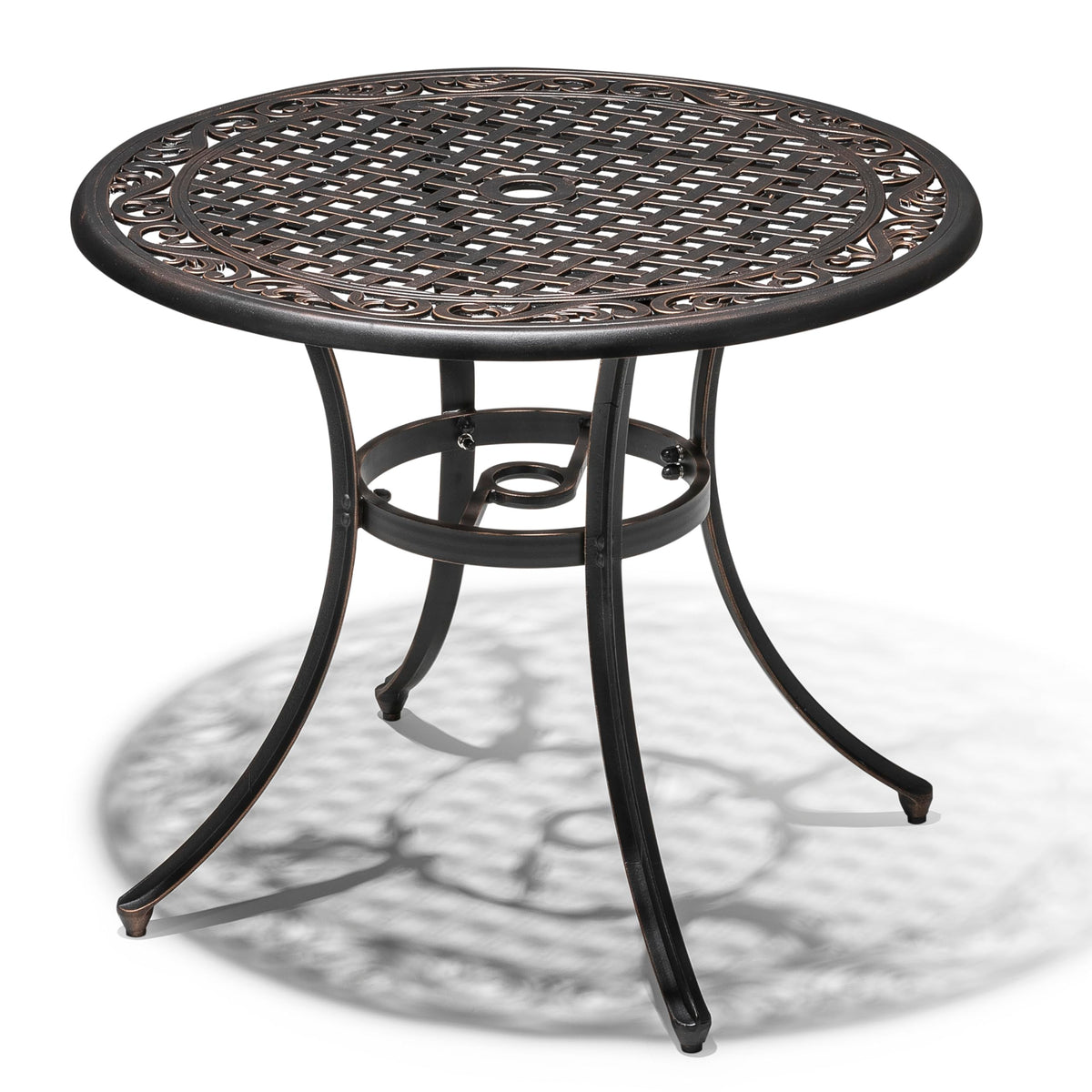 NUU GARDEN 35 Inch Patio Dining Table with Umbrella Hole, Outdoor Cast Aluminum Bistro Table, Black with Antique Bronze at The Edge