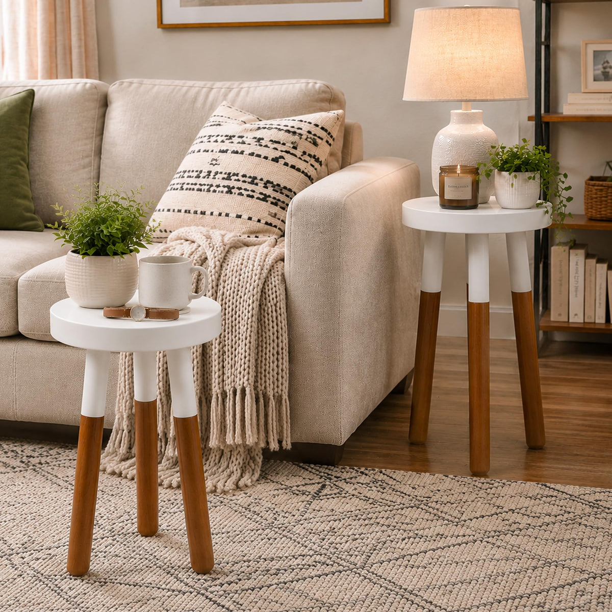 LitaEther Modern Side Table Set of 2, Solid Wood Accent Table,12" D x 12" W x 20" H & 12" D x 12" W x 18" H Small End Table for Living Room Bedroom, Plant Stand, Bathroom Stool, Pedestal Drink Table