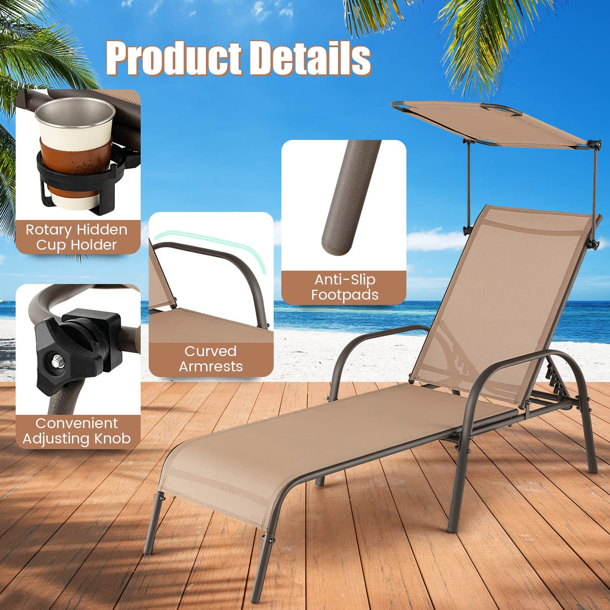 Byroce Patio Lounge Chair with Canopy, Outdoor Chaise Lounger with 5-Level Adjustable Backrest, Arms & Cupholder, Metal Tanning Recliner Chair for Beach, Poolside, Backyard, Garden (1)