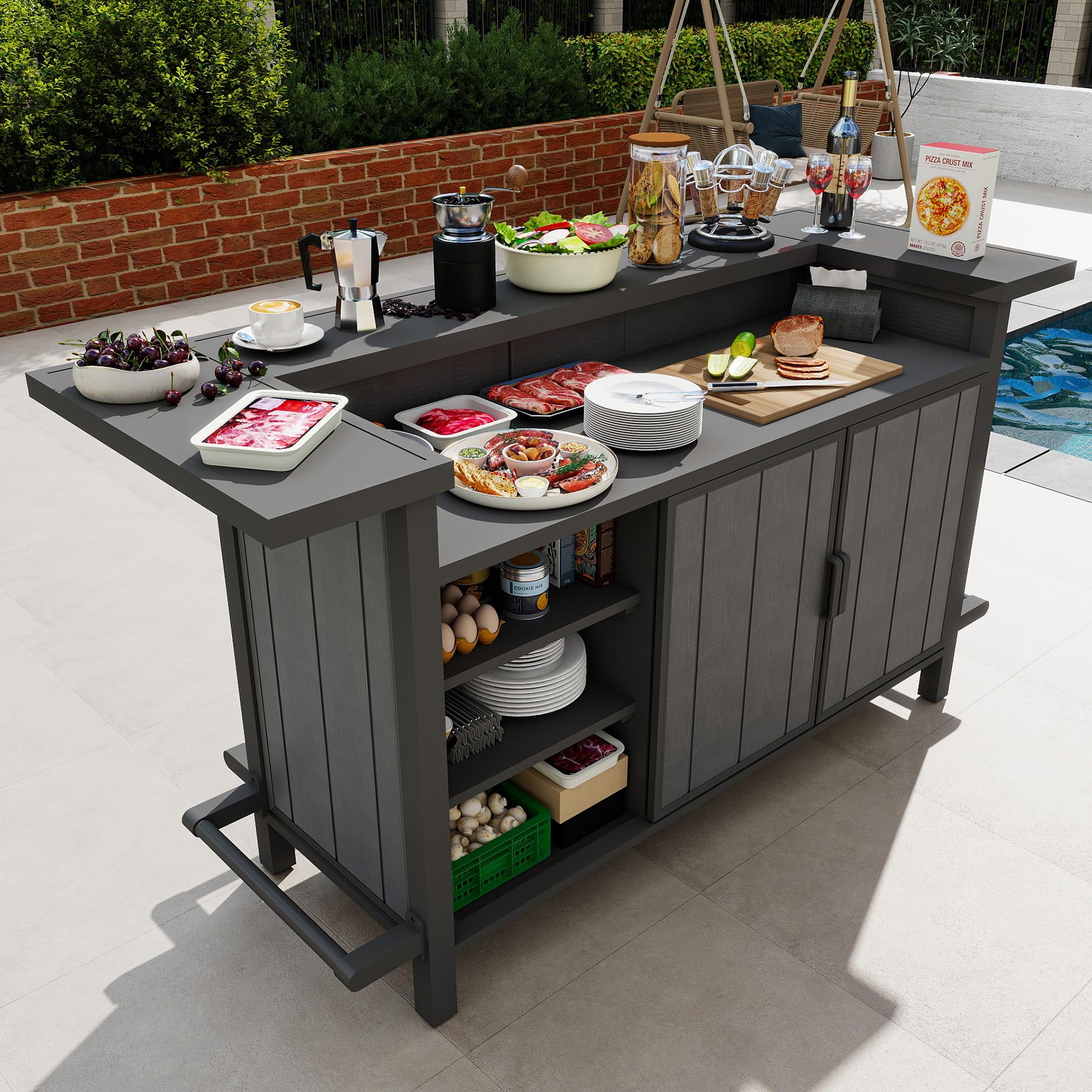Domi Outdoor Bar Table, Home Bar Unit with Aluminum Frame, Patio Bar Table with Storage Cabinet & Footrest, Liquor Cabinet Bar for Patio Backyard Home Kitchen, Gray, 75.98" x 28.94"