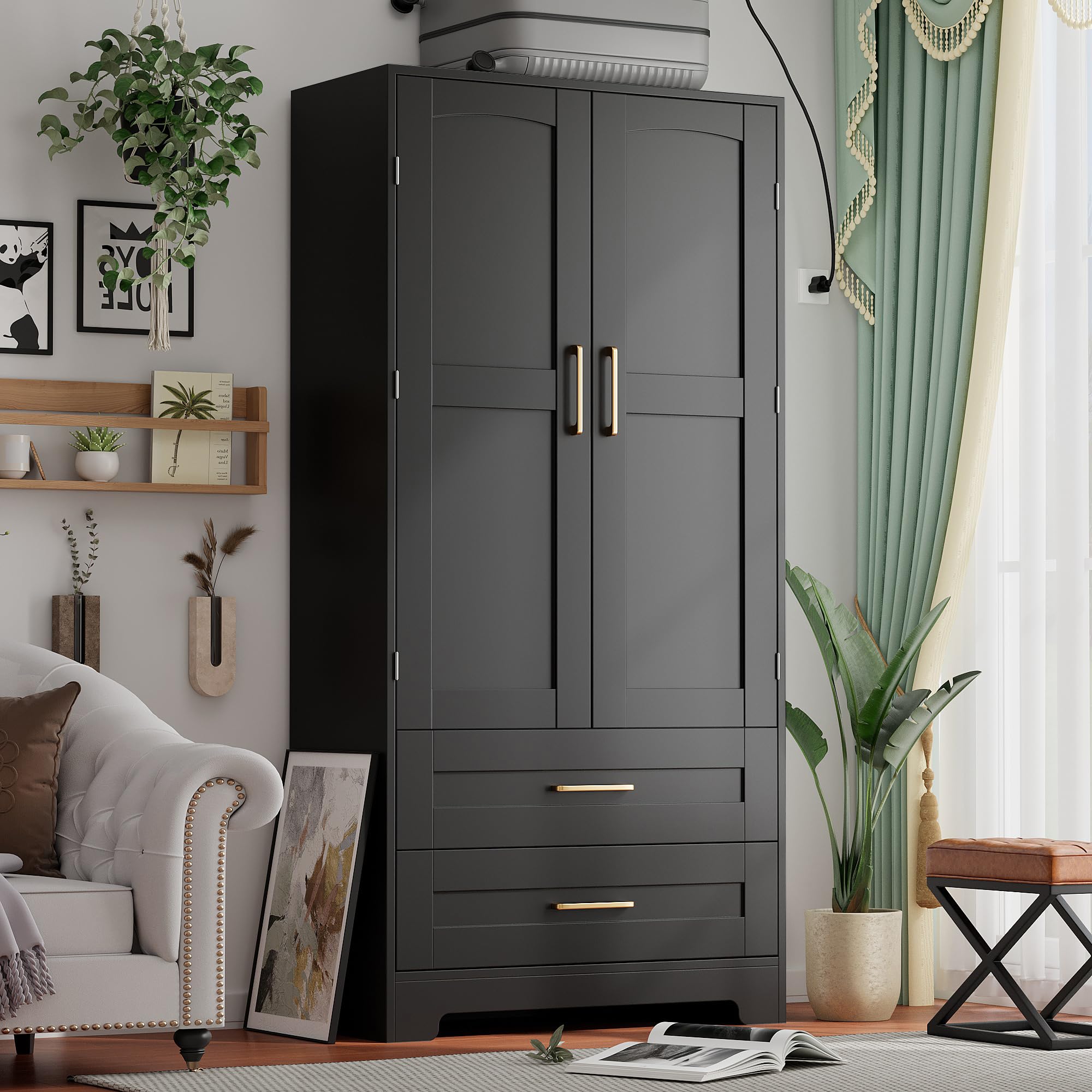 Wooden Armoire Wardrobe Closet with 2 Drawers, Hanging Rod & Shelves