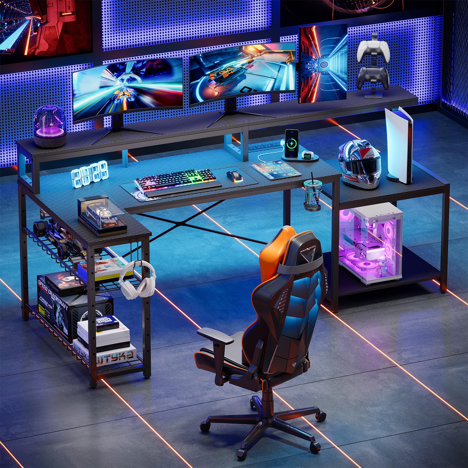 L-Shaped Gaming Desk with LED & Power Outlets, 71.5"