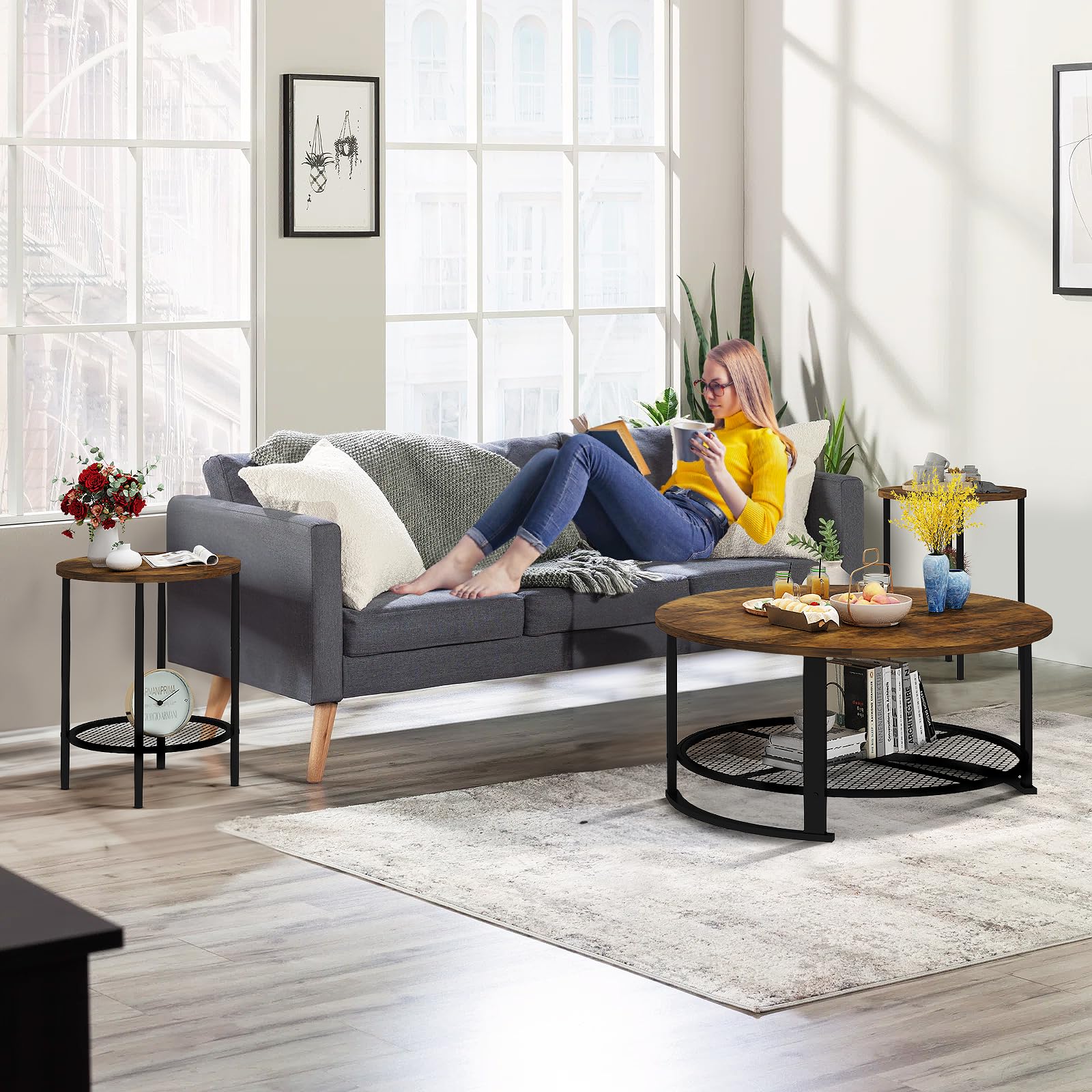 Recaceik Round Coffee Table and End Table Set of 3 with Storage, Modern Vintage Dark Brown Coffee Table and Side Table for Living Room, Office, Apartment, Small Space