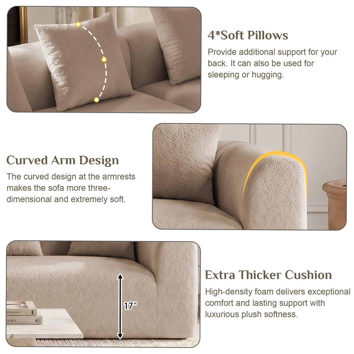 120" Curved Sofa Sectional Modern Boneless Cloud Couch, Light Brown