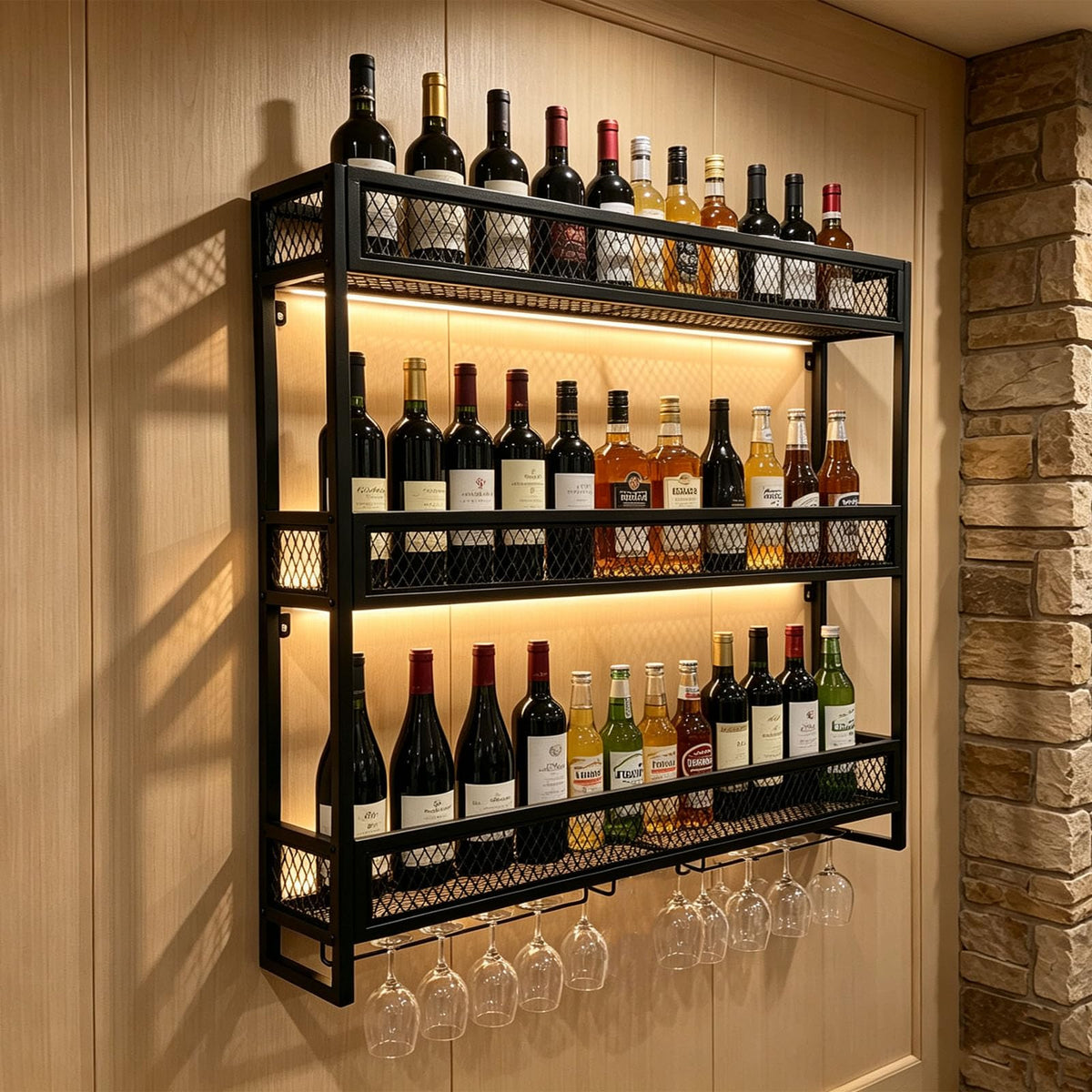 39.3in Wall Mounted Wine Rack with LED Light, 3-Tier Metal Liquor Shelf
