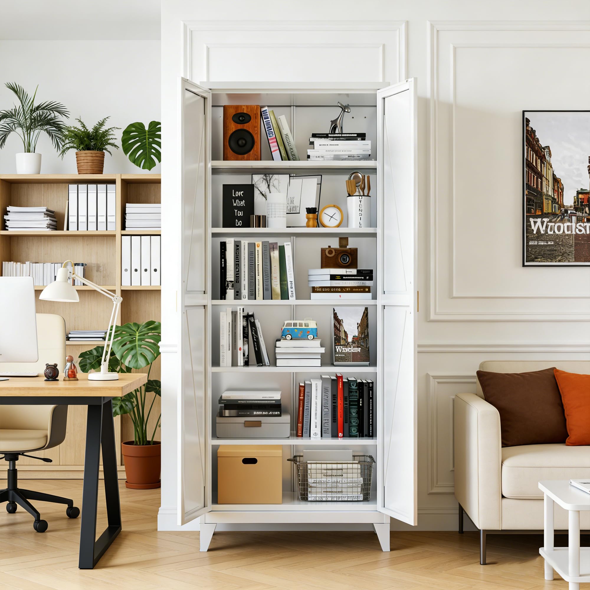 GangMei 75.3 in Metal Kitchen Pantry Cabinet, White, 5 Adjustable Shelves