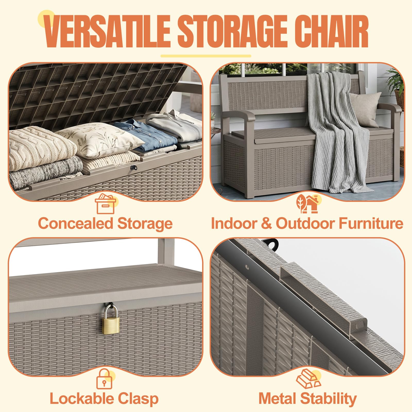 ATMELT Storage Bench Outdoor Deck Box,100 Gallon Waterproof & UV Resistant Lockable Patio Furniture Seating.Indoor/Outdoor Shoe Storage Cabinet for Garden Cushions,Tools,Patio,Pool Supplies(Taupe)