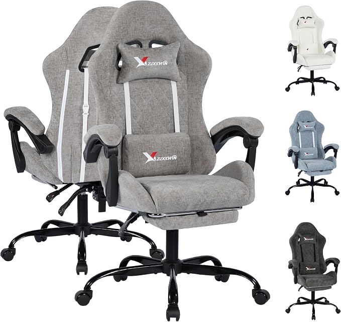 Grey Fabric Gaming Chair with Footrest